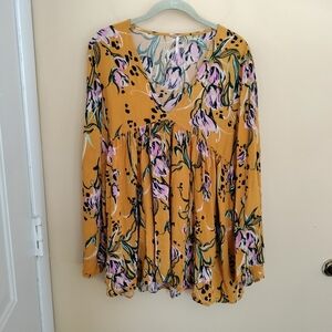 Free People Bella Golden Yellow floral Print Babydoll Top High Low Hem S Boho